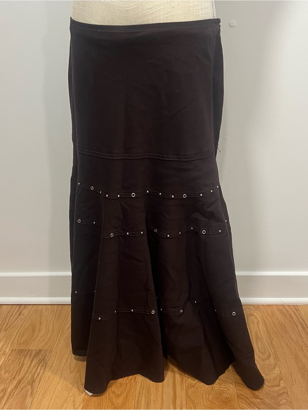 UTILITY Chocolate Brown Tiered Eyelet Maxi Skirt